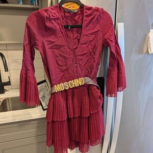 Moschino Burgundy Pleated Tiered Dress with Logo Belt